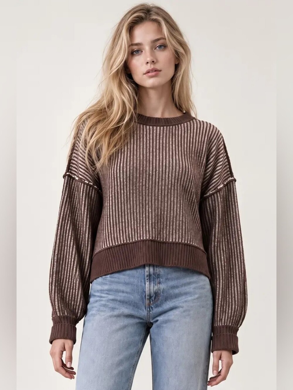 Very J Brown Ribbed Balloon-Sleeve Sweatshirt